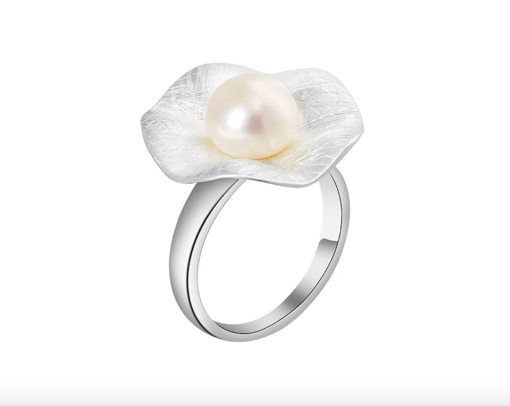 silver flower and pearl ring
