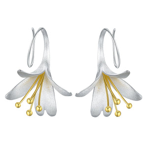 Silver lily flower drop earrings