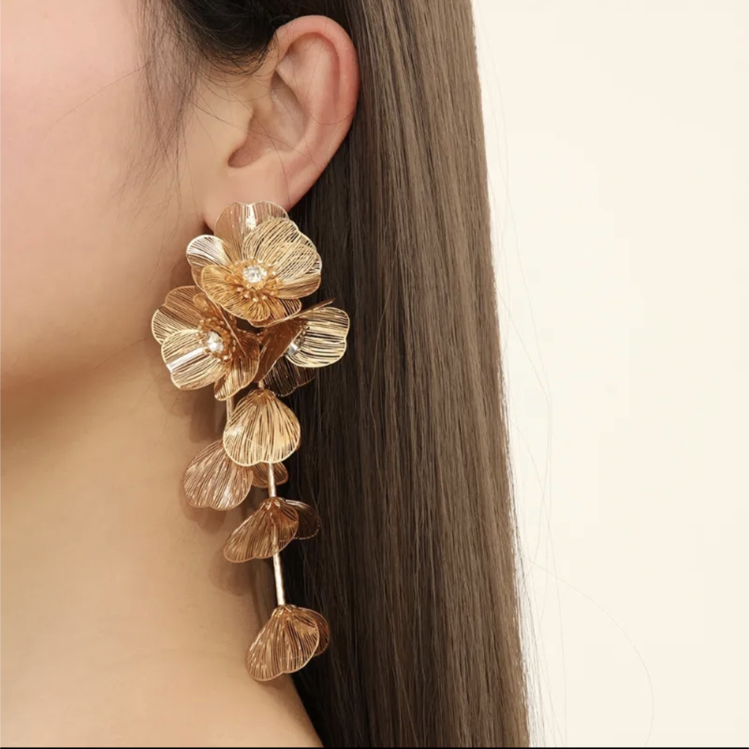 gold floral drop stud earrings